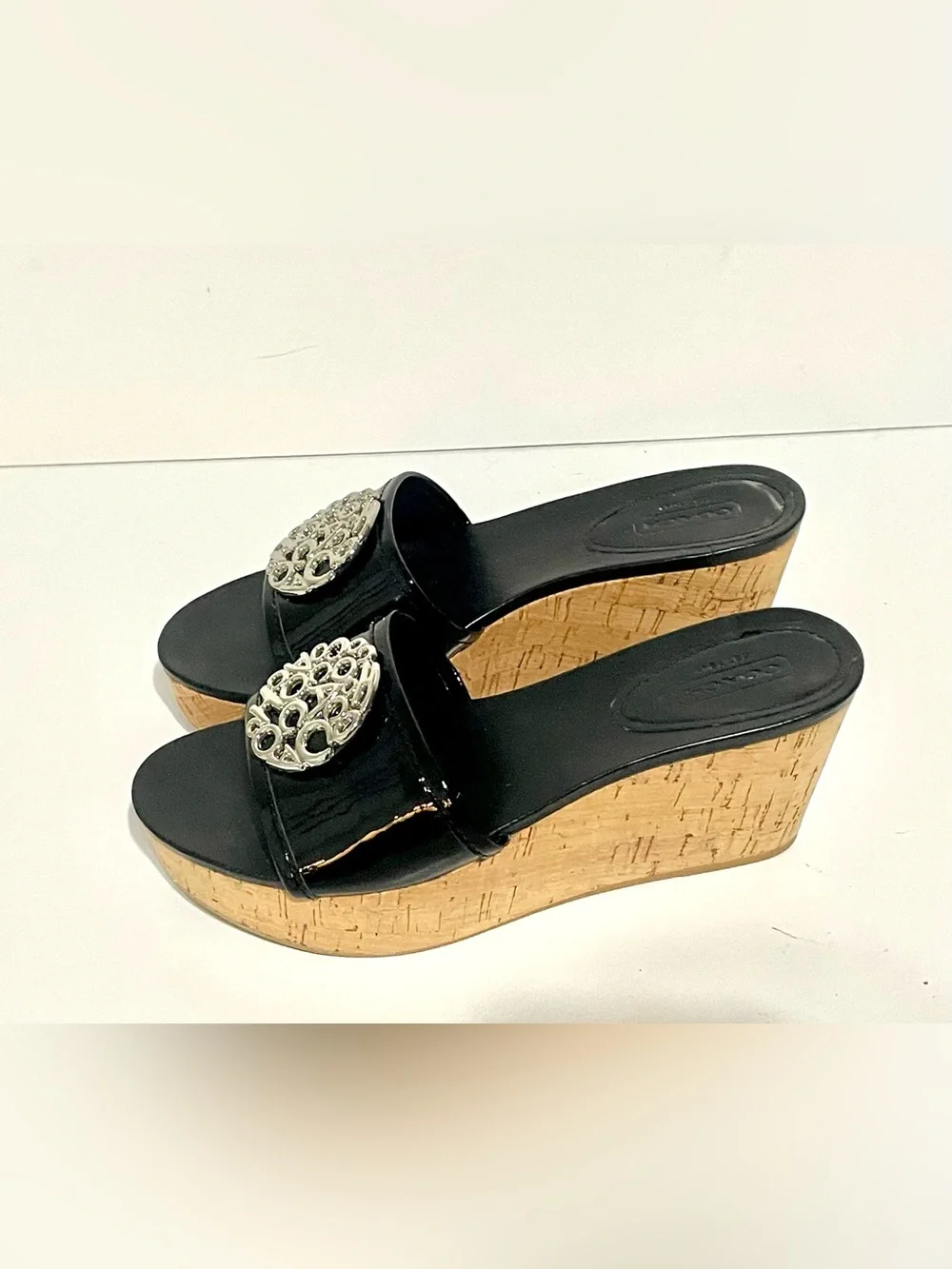 Coach Patent Leather Judith Wedge Cork Heel Sandal 6.5 B Black platform